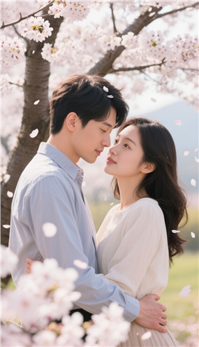 樱花树下浪漫相拥情侣摄影图片